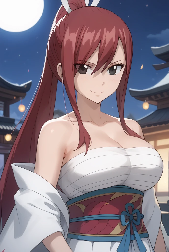 erza, fairy tail, long hair, red hair, ponytail, brown eyes, large breasts, clear skin, japanese clothing, white kimono, haori, light smile, high quality, ultra detailed, night sky, , perfect body, nice body, curvy,, highly detailed, ultra-sharp, 8K resolution