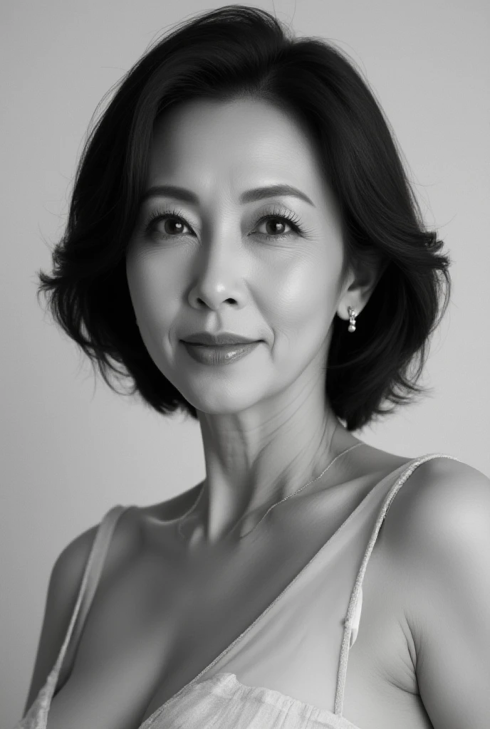 Mature Woman, ( detailed description of hair ), (Detailed description of the face), (Detailed description of the body), high definition , masterpiece,  top quality,  High Details, formal: 1.4), ( realistic : 1.2, 超 realistic な: 1.1,  realistic: 1.37), ( Sharp Focus : 1.4),  is written by,  physically-based rendering,  wavy hair , ,  unrivaled beauty , (Ultimate beauty), (lipstick:1.1), ( eyeliner :1.2), ( mascara), ( Eye Shadow ), (48 years old,: 1.4), Japanese、 closeup 、 fine lines of laughter :1.2、seductive smile,,(black and white photography)