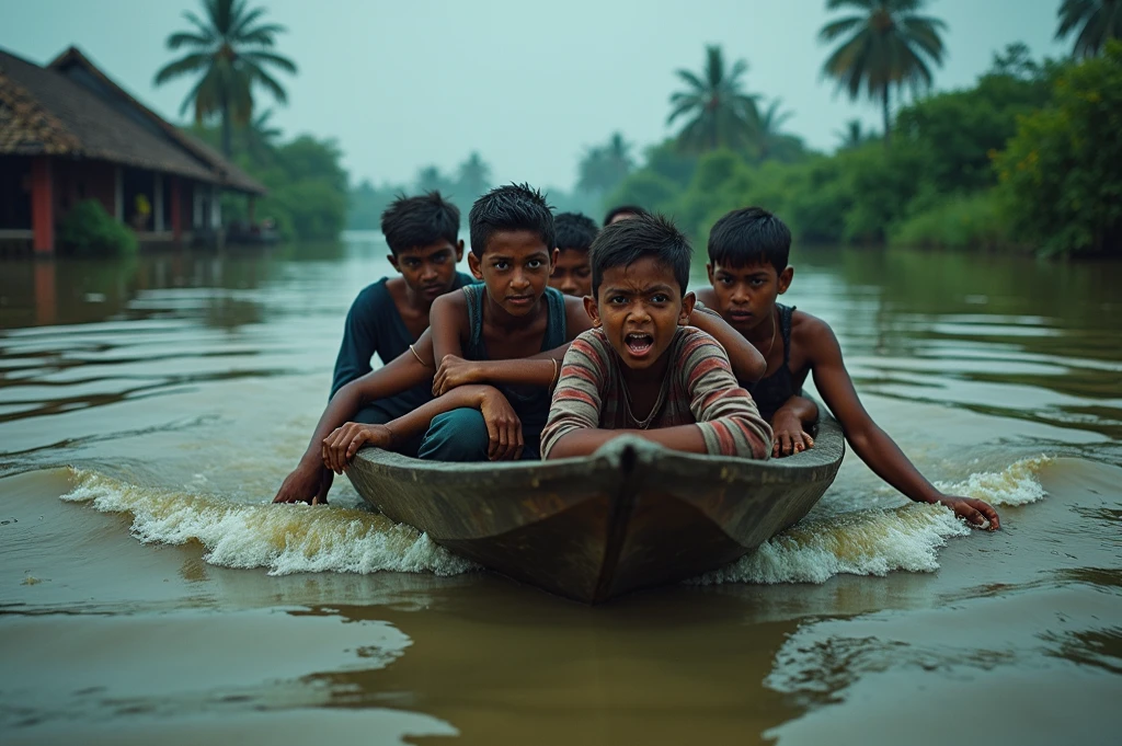 Civilian children on the shoulders of the Bangladesh Army in the flood rescue operation.
