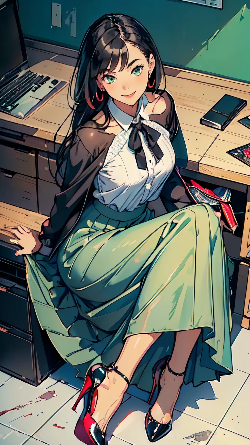 ((masterpiece, high resolution, better quality, better details)), ((Smiling)), ((one girl)) a girl sitting in the office, full body, maxi skirt, long skirt, ((long skirt without openings)),((louboutin high heels)), green eyes , ((black hair, long hair)), shiny skin, ((above view)), solo, from above, full body, focus full body, high heels, in office,