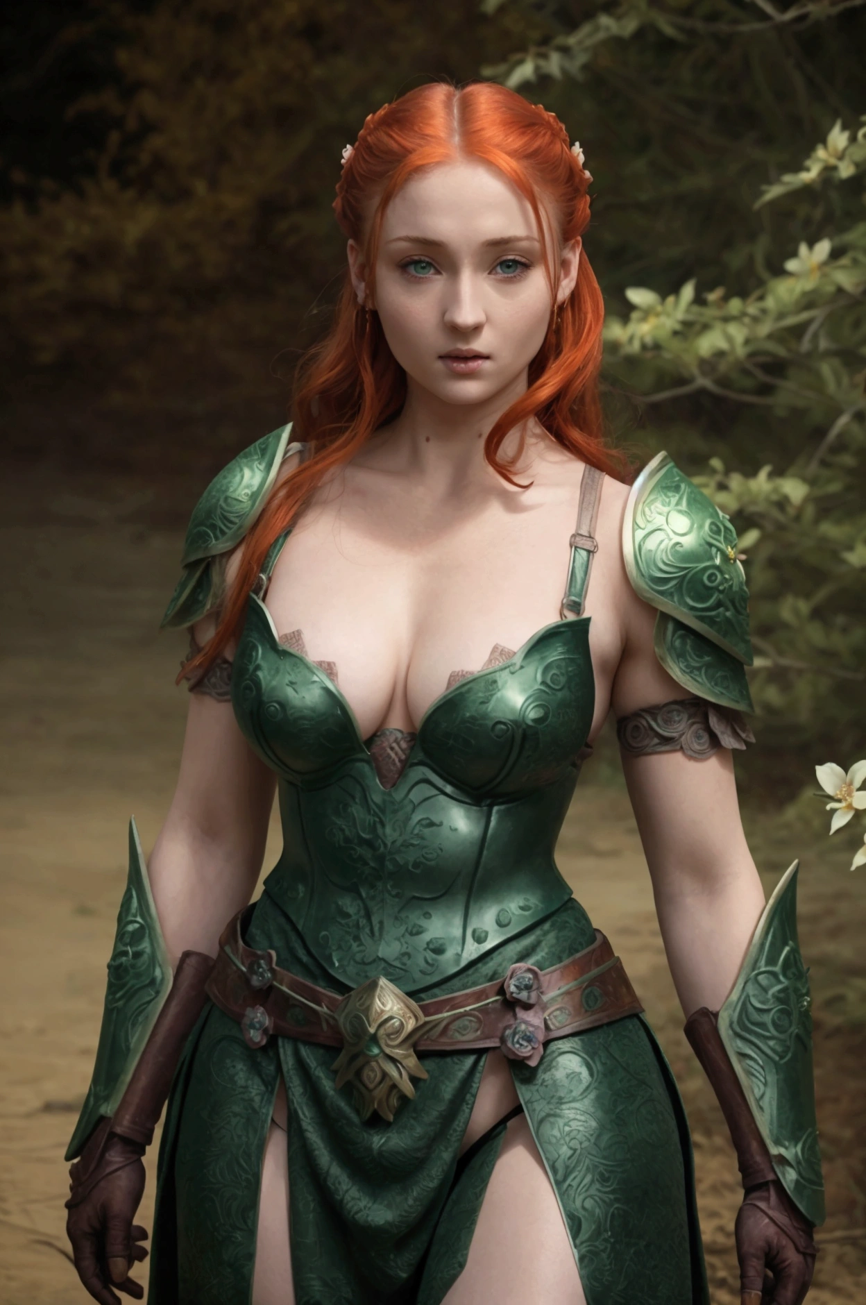 <lora:doricv2:1.3>,doric,armor,freckles,(extremely detailed), full body shot photo of the most beautiful artwork in the world, beautiful women, sunset, Intricate, High Detail, realistic, green eyes, brown hair, cleavage, tiefling