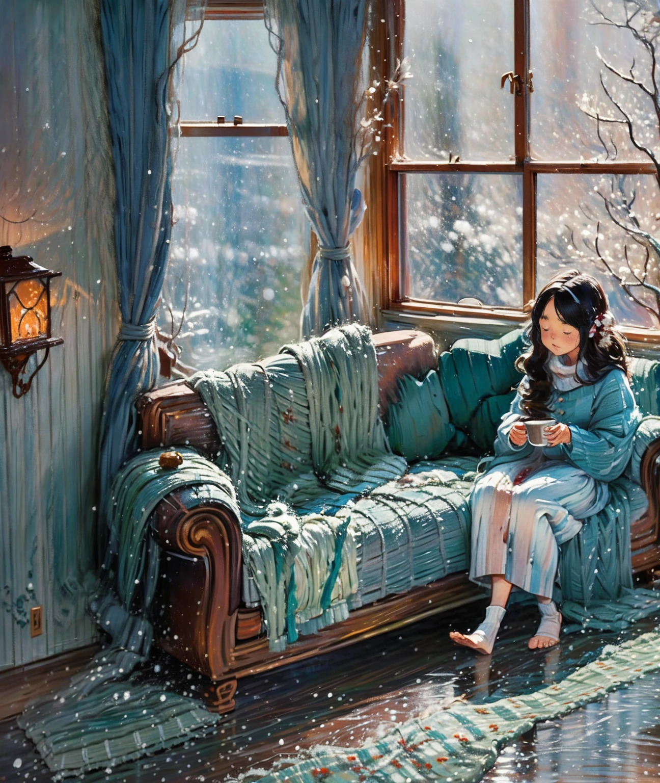 wood floor living room、furnace、couples sits at sofa cuddled inside blanket looking at windows、they holding cup of hot chocolate, snowy window outside、evening、snow drops、cozy living room, nice aesthetics carpets