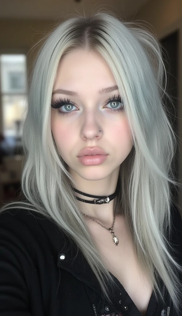 Generate an ultra-realistic Instagram-style selfie photo of a very thin, delicate, and cute young woman with an alternative and natural appearance. Her facial structure is sharply triangular, with pronounced cheekbones, a narrow, defined jawline, and a pointed, slender chin. She has extremely large, natural, and expressive eyes with long, soft lashes, and her irises are vibrant and clear, almost shimmering. Her lips are abnormally large, full, and plump with a natural, glossy finish, in a soft nude or light pink shade, making them stand out without appearing heavily made up. Her skin is pale, smooth, and flawless with a healthy, natural glow, resembling porcelain but not artificial.

Her makeup is minimal and subtle, enhancing her natural features—light mascara, a hint of blush on her cheeks, and a touch of highlighter on her cheekbones and nose bridge. Her eyebrows are soft, naturally shaped, and delicately groomed. Her hair is styled in an alternative and edgy fashion—straight, slightly tousled, or with a natural wave. The color is alternative yet soft, like platinum blonde, silver, black, or pastel shades such as lavender or ash blue. Her hairstyle is casual but polished, with a center or side part, falling naturally around her face.

She is wearing a simple yet stylish outfit that aligns with the alternative aesthetic, such as a loose sweater, crop top, or a delicate choker necklace. Small edgy details can include subtle piercings (like a nose stud or small lip ring) or minimalistic tattoos, such as a tiny line or geometric design on her wrist or collarbone.

The setting is Instagram-worthy and aesthetic, with a blurred background to ensure focus on her face. The background could suggest a cozy room with soft LED lighting, a window with natural daylight streaming in, or a neutral urban environment with muted tones. The lighting should be soft and natural, casting a flattering, diffused glow on her face, emphasizing the delicate contours of her features. The pose