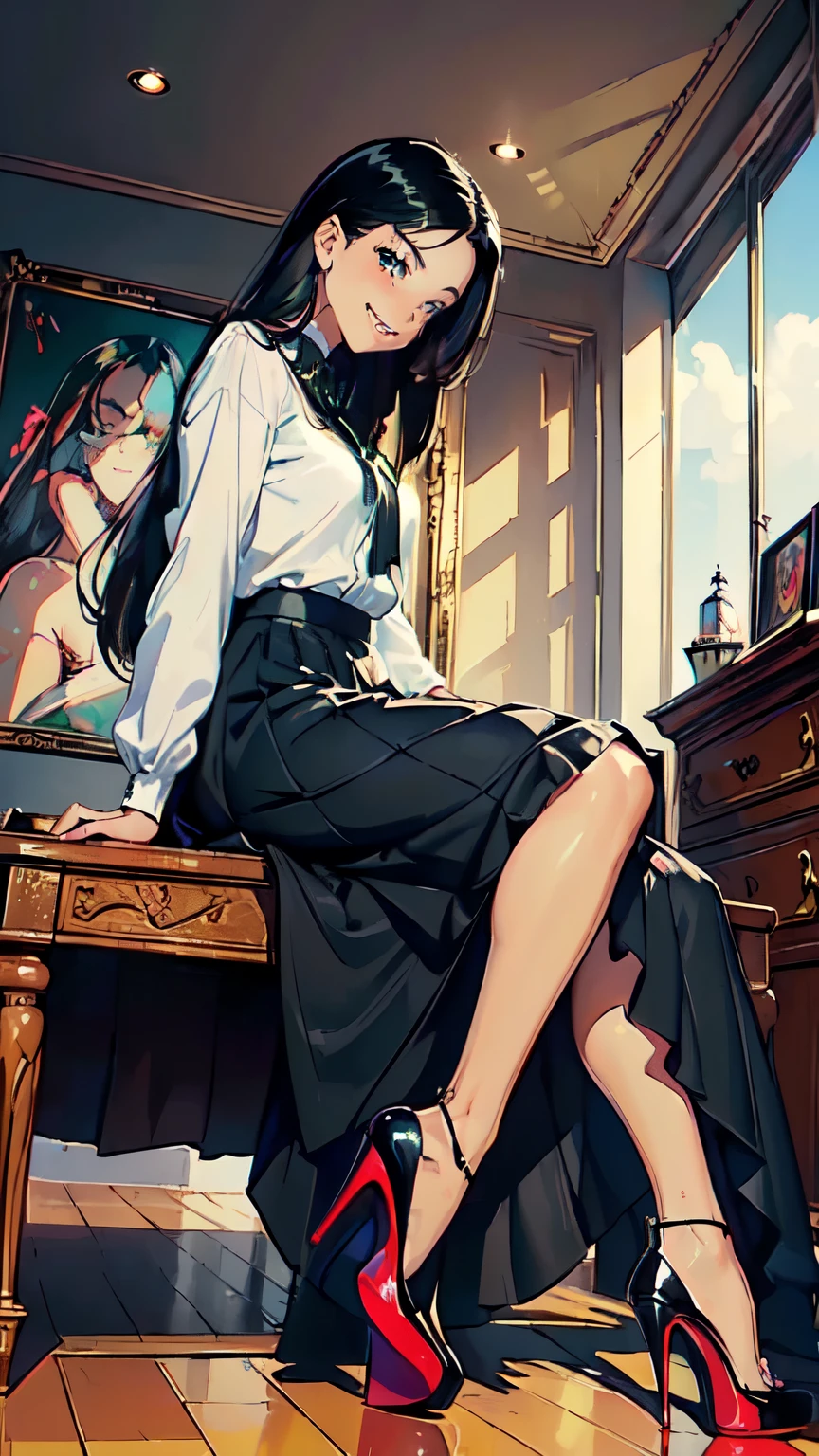 ((masterpiece, high resolution, better quality, better details)), ((Smiling)), ((one girl)) a girl sitting in the office, full body, maxi skirt, long skirt, ((long skirt without openings)),((louboutin high heels)), green eyes , ((black hair, long hair)), shiny skin, ((above view)), solo, from above, full body, focus full body, high heels, in office,