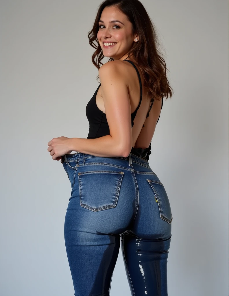 A smiling and proud woman has extensively wet her tight jeans. She is showing the back of the pants to the viewer. The pants are absolutely soaked. She is proud and smiling looking at the viewer.

