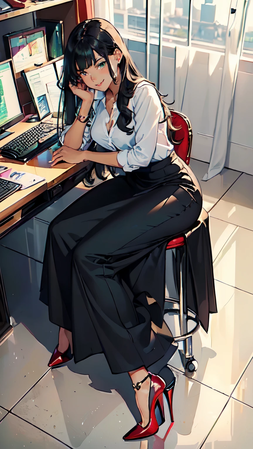 ((masterpiece, high resolution, better quality, better details)), ((Smiling)), ((one girl)) a girl sitting in the office, full body, maxi skirt, long skirt, ((long skirt without openings)),((louboutin high heels)), green eyes , ((black hair, long hair)), shiny skin, ((above view)), solo, from above, full body, focus full body, high heels, in office,