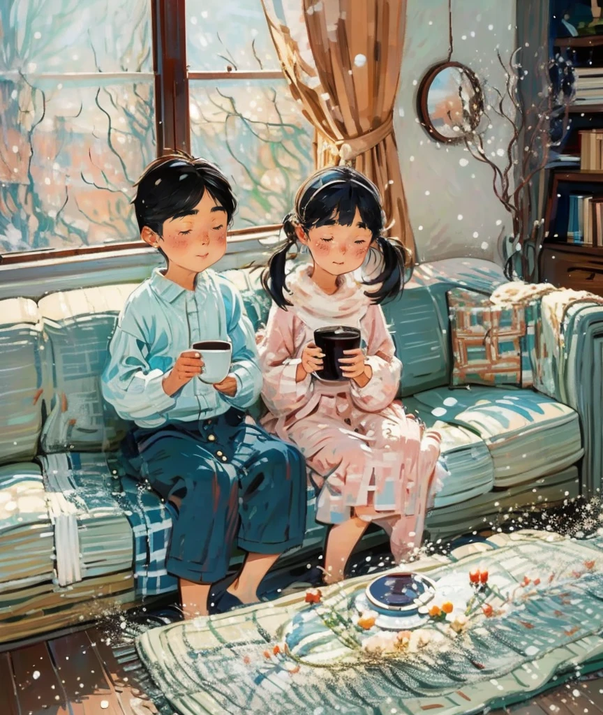 wood floor living room、furnace、couples boy & girl sits at sofa cuddled inside blanket looking at windows、they holding cup of hot chocolate, snowy window outside、evening、snow drops、cozy living room, nice aesthetics carpets