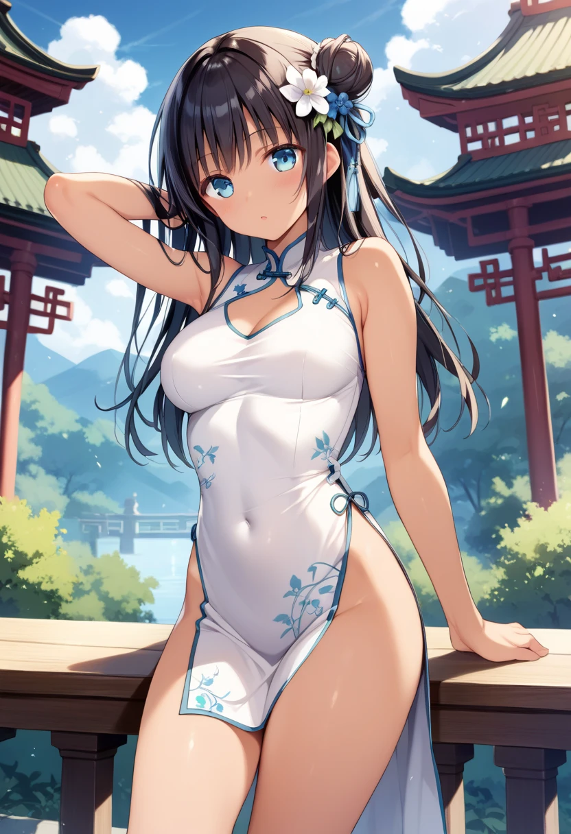 ((2D beautiful girl、top-quality、Perfect Finger 1.1、Perfect Anatomy 1.1、extremely delicate and beautiful illustration))、cute petit girl、(transform sequence)、((Priest style leotard))、8years old、elementary student、Lori、Chiquita、Fractal Art、baby-face、((stright long hair))、big drooping eyes、A smile、Full body depiction、（1 persons）、（Shrine maiden style leotard）、Medieval square with blue sky、The color of the costume is blue and white、cat ear、Princess、