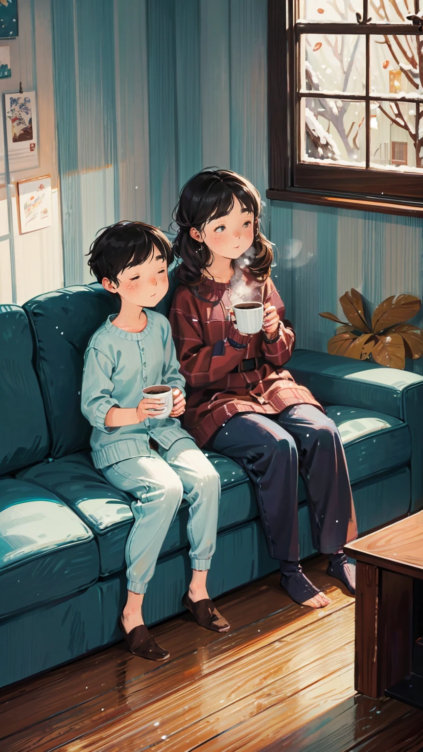 wood floor living room、furnace、couples boy & girl sits at sofa cuddled inside blanket looking at windows、they holding cup of hot chocolate, snowy window outside、evening、snow drops、cozy living room, nice aesthetics carpets