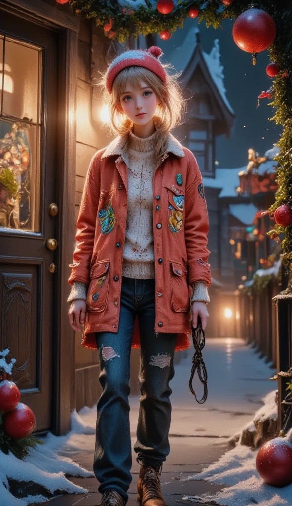 (( Masterpiece,  of the highest quality ,  maximum image quality ,  high resolution , photorealistic ,  RAW photo,  extremely detailed unified CG wallpaper 8k )),  anime ren at the door of a neighbor singing carols,  with warm clothes and Santa Claus hats ,  outside it's snowy , ren carry candles in their hands ,  at the door there are two excited elderly people , Christmas decorations,