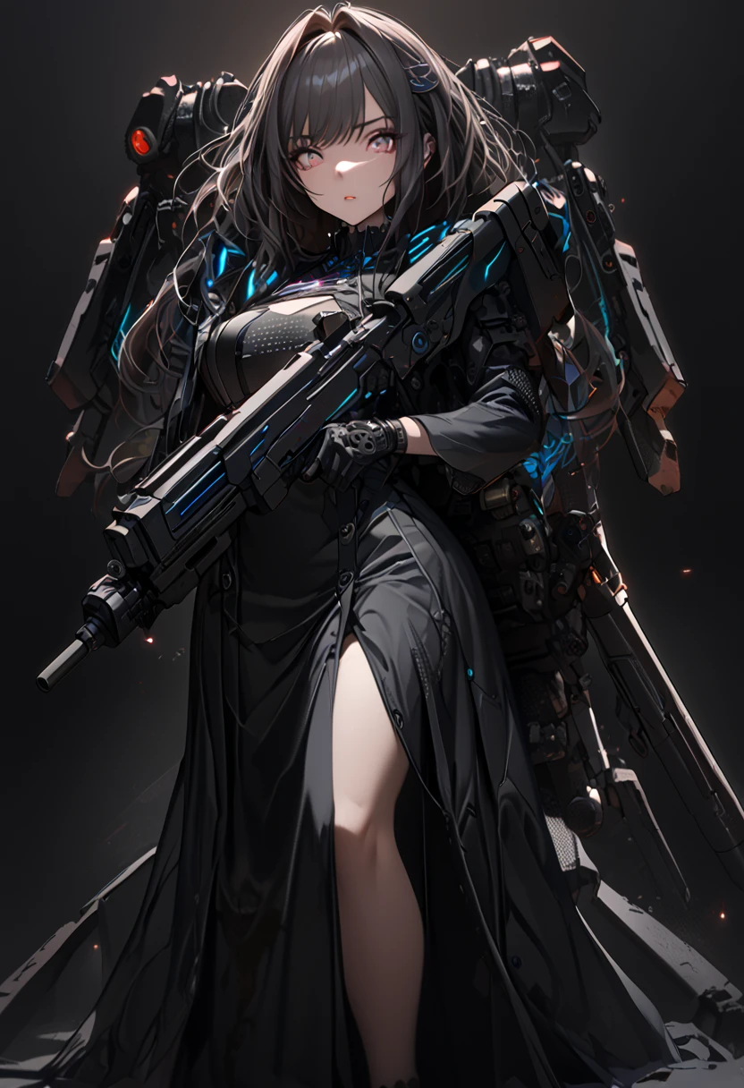 (cyber punk), (nikke), (top quality:1.2, masterpiece:1.4, EXQUISITE RENDERING:1.3), ((A girl carrying a weapon that looks like a feather on her back:1.2)), (Clear eyes,  glossy lips, pretty face), ((ARMS CONVERTED TO LASER CANNON:1.4)), (WITH LASER CANNON:1.4), ((black long dress:1.8)), (EXQUISITE PAINTED DRESS),   MECHANIZED ANIMATION MACHINE GUN FIRE,  A warring sniper girl, Soldier Girl,  FEMALE ACTION ANIMATION ANIMATION GIRL, Neon City,  POST APOCALYPSE ART,  androgynous,  mixed media,  blue legwear, Analog Horror, Nightmare Fuel,  seductively beautiful,  Beautiful and Evil,  ((Fighting Pose:1.5)), (full body photo:1.2)、((black background:1.6)),