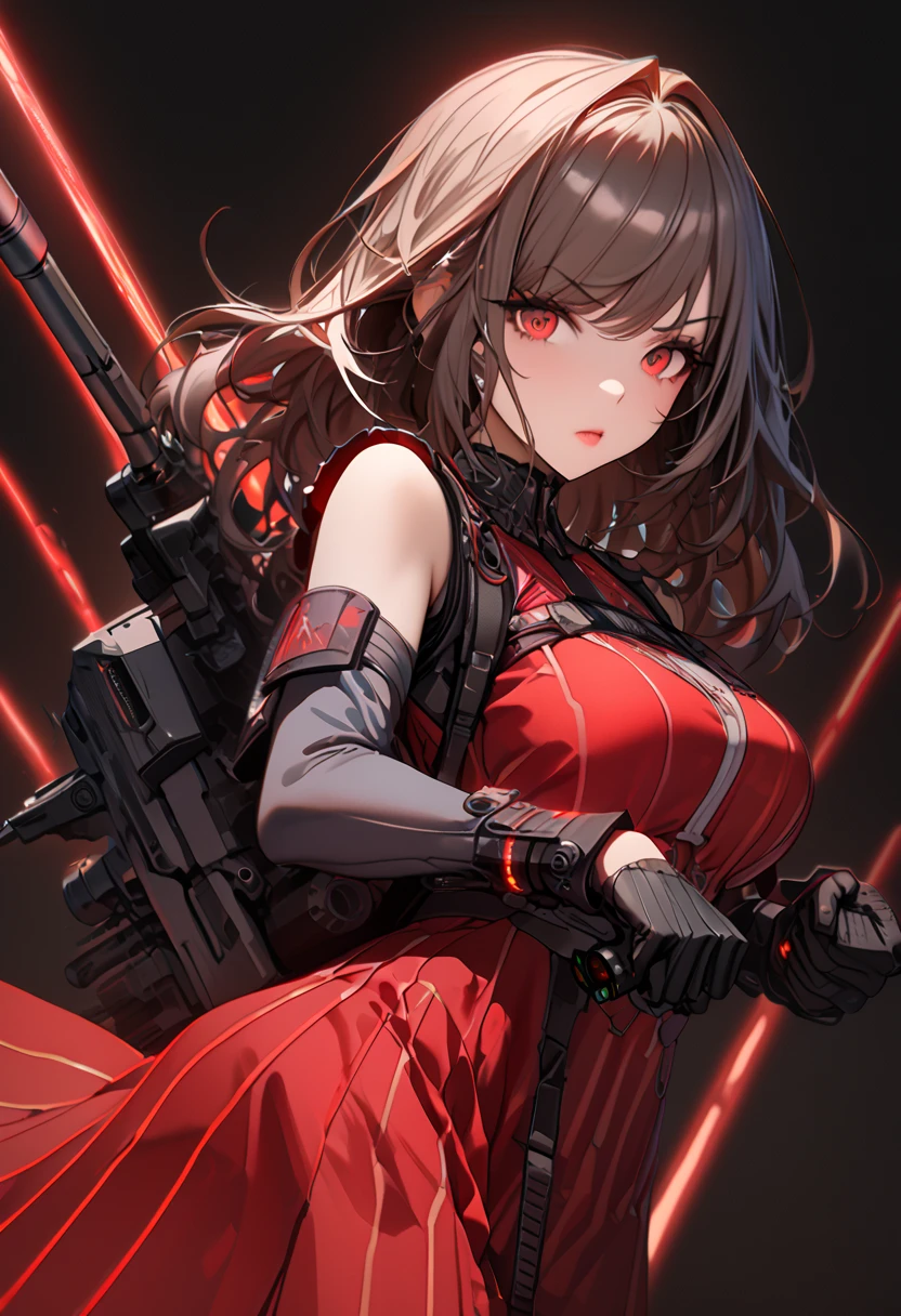 (cyber punk), (nikke), (top quality:1.2, masterpiece:1.4, EXQUISITE RENDERING:1.3), ((A girl carrying a weapon that looks like a feather on her back:1.2)), (Clear eyes,  glossy lips, pretty face), ((ARMS CONVERTED TO LASER CANNON:1.4)), (WITH LASER CANNON:1.4), ((RED long dress:1.8)), (EXQUISITE PAINTED DRESS),   MECHANIZED ANIMATION MACHINE GUN FIRE,  A warring sniper girl, Soldier Girl,  FEMALE ACTION ANIMATION ANIMATION GIRL, Neon City,  POST APOCALYPSE ART,  androgynous,  mixed media,  blue legwear, Analog Horror, Nightmare Fuel,  seductively beautiful,  Beautiful and Evil,  ((Fighting Pose:1.5)), (full body photo:1.2)、((black background:1.6)),