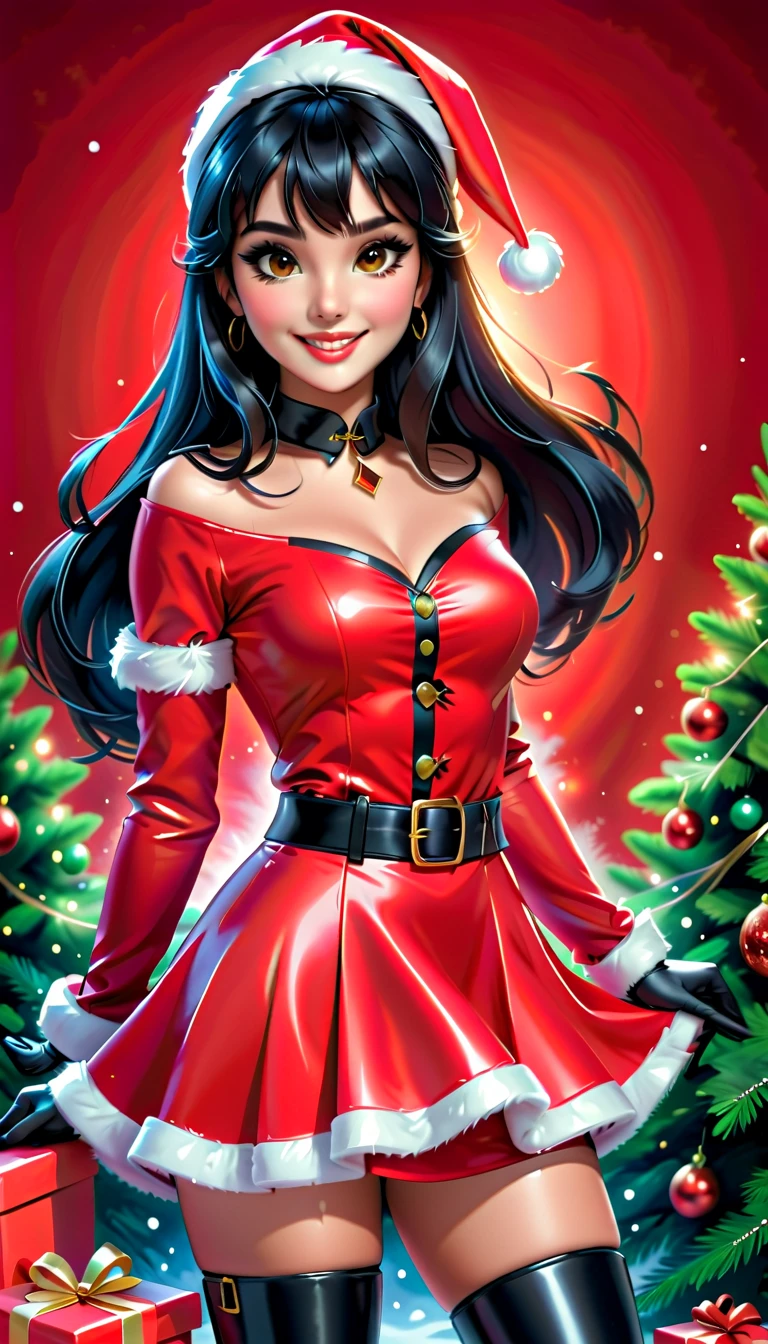 Best quality, acrylic illustration in realistic style, a beautiful woman with black straight long hair and bangs, make up, lashes, smiling, she is wearing santa claus red mini dress, belt, red leather gloves, brown tights, over-the-knees black boots, your hands is on waist, in christmas decorated florest background