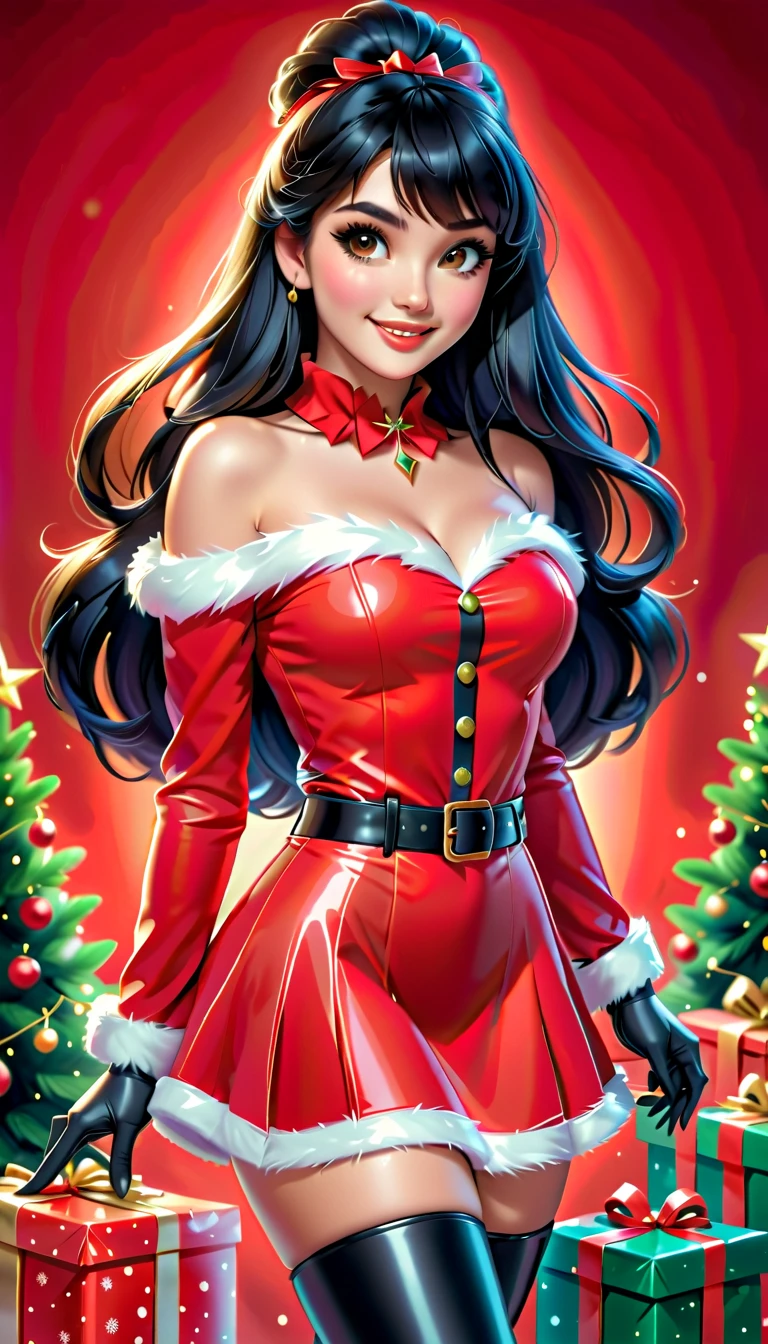 Best quality, acrylic illustration in realistic style, a beautiful woman with black straight long hair and bangs, make up, lashes, smiling, she is wearing santa claus red mini dress, belt, red leather gloves, brown tights, over-the-knees black boots, your hands is on waist, in christmas decorated florest background