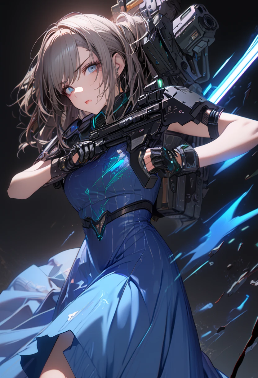 (cyber punk), (nikke), (top quality:1.2, masterpiece:1.4, EXQUISITE RENDERING:1.3), ((A girl carrying a weapon that looks like a feather on her back:1.2)), (Clear eyes,  glossy lips, pretty face), ((ARMS CONVERTED TO LASER CANNON:1.4)), (WITH LASER CANNON:1.4), ((Blue long dress:1.8)), (EXQUISITE PAINTED DRESS),   MECHANIZED ANIMATION MACHINE GUN FIRE,  A warring sniper girl, Soldier Girl,  FEMALE ACTION ANIMATION ANIMATION GIRL, Neon City,  POST APOCALYPSE ART,  androgynous,  mixed media,  blue legwear, Analog Horror, Nightmare Fuel,  seductively beautiful,  Beautiful and Evil,  ((Fighting Pose:1.5)), (full body photo:1.2)、((black background:1.6)),