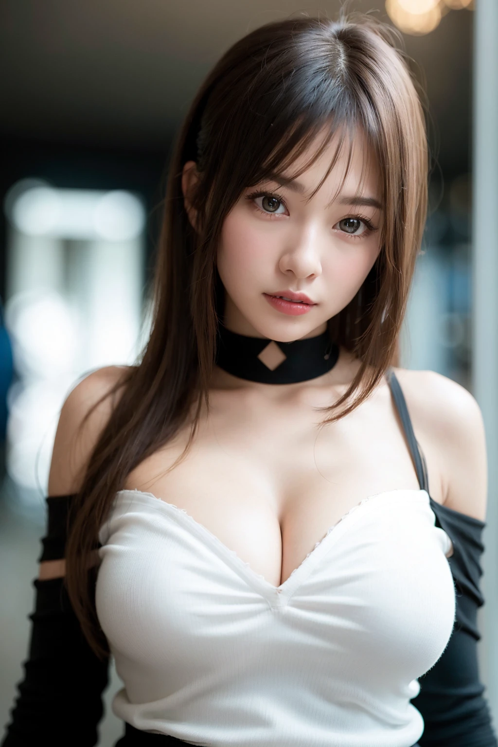 best quality, ultra high res, (photorealistic:1.4), 1girl, off-shoulder white shirt, black tight skirt, black choker, (faded ash gray hair:1), (huge breasts:1.2), looking at viewer, closeup 