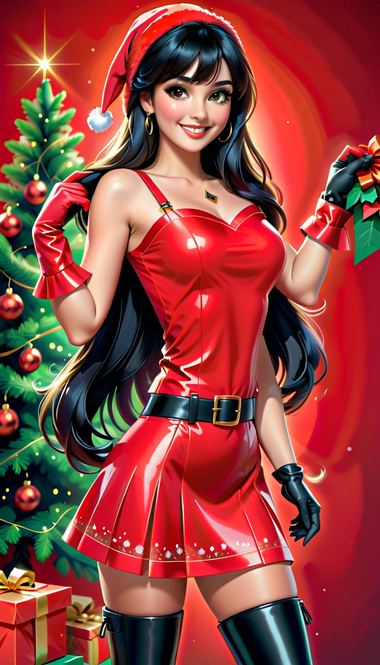 Best quality, acrylic illustration in realistic style, a beautiful woman, 35 years-old,  with black straight long hair and bangs, make up, lashes, smiling, she is wearing santa claus red mini dress, belt, red leather gloves, brown tights, over-the-knees black boots, your hands is on waist, in christmas decorated florest background