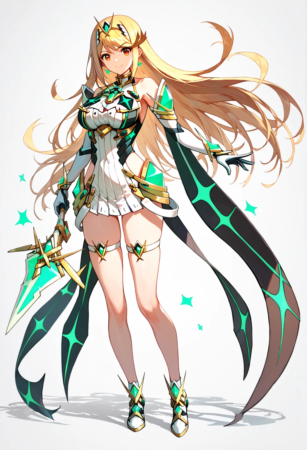 score_9, score_8_up, score_7_up,source_anime, high res image,masterpiece,best quality,girl,cute face,clear skin,simple_background,  red eyes, yellow hair, yellow eyes, long hair, full body, smile, posed, mythra xenoblade 2