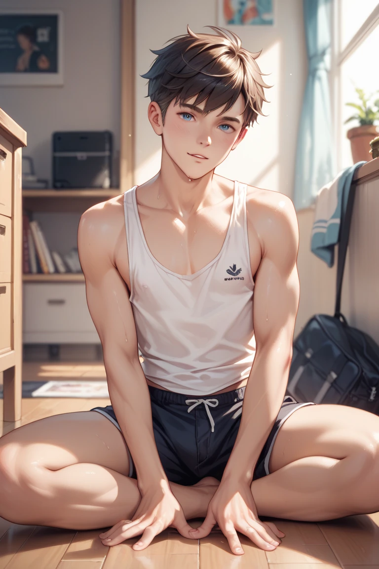 Create an anime boy with blue eyes and brown short hair for Onlyfans with the title JoyyBoyy in the middle