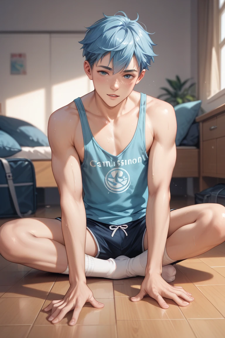 16 years old boy, Short light blue hair, Deep blue eyes, white transparent shorts, Vest line, light blue hair, big hair, shiny hair, quiff, huge ahoge, aqua eyes, gradient eyes, light smile, licking lips, anime, anime style, UHD