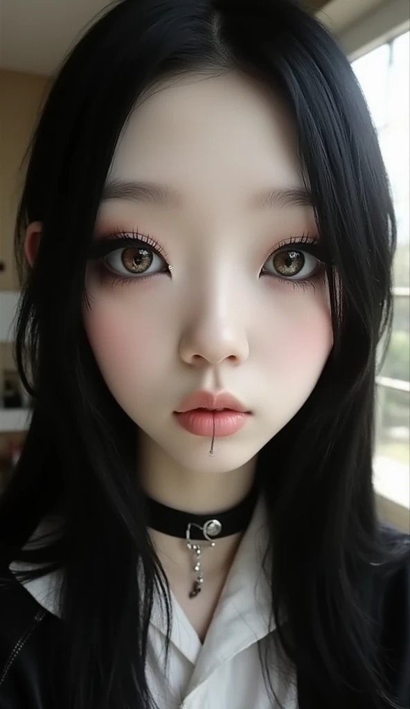 Create a hyper-realistic Instagram-style selfie of a very thin, delicate, and cute young  with an alternative appearance. Her face is sharply triangular with high, defined cheekbones, a narrow, angular jawline, and a pointed, slender chin. She has strikingly large, natural-looking, and expressive eyes with long, soft lashes, giving her an innocent, doll-like appearance. Her irises are clear, vibrant, and reflective, catching the natural light. Her lips are unnaturally large, full, and plump, with a natural, subtle gloss or nude lipstick, making them stand out while maintaining a soft and understated look.

Her skin is pale, smooth, and flawless, with a soft, natural glow and subtle rosy undertones, resembling porcelain without looking artificial. She wears minimal makeup—just a touch of mascara to accentuate her lashes, a hint of blush for a healthy glow, and a soft highlighter on her cheekbones and nose bridge for natural radiance. Her eyebrows are naturally shaped, full, and well-groomed.

Her hair is jet black, sleek, and straight, falling naturally around her face and shoulders, either parted in the middle or slightly off-center. The hair has a smooth texture with a healthy shine, framing her sharp facial features. A few loose strands of hair fall across her face for added realism.

She is dressed in an alternative yet simple style, such as a black oversized sweater, a minimalist crop top, or a soft choker necklace. Small alternative details like a delicate nose stud or lip ring and subtle tattoos—like a small geometric design or line art on her wrist or collarbone—add to her unique appearance without being overwhelming.

The background is intentionally blurred to mimic a high-quality Instagram photo, suggesting an aesthetic, cozy indoor environment. The lighting is soft, natural, and diffused, coming from a window or soft artificial light, casting a gentle glow on her face and highlighting the contours of her sharp features. Shadows are natural and subtle, enha