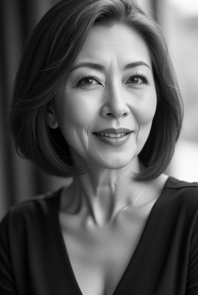 Mature Woman, ( detailed description of hair ), (Detailed description of the face), (Detailed description of the body), high definition , masterpiece,  top quality,  High Details, formal: 1.4), ( realistic : 1.2, 超 realistic な: 1.1,  realistic: 1.37), ( Sharp Focus : 1.4),  is written by,  physically-based rendering, bob hair ,  unrivaled beauty , (Ultimate beauty), (lipstick:1.1), ( eyeliner :1.2), ( mascara), ( Eye Shadow ), (48 years old,: 1.4), Japanese、 closeup 、 fine lines of laughter :1.2、seductive smile,,(black and white photography)