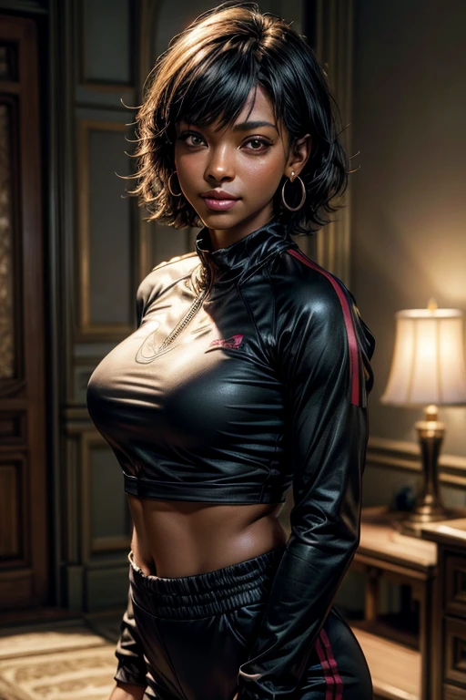 An 18 year old short indian girl, baby face, tight black sports shorts, full body shot, micro black bra, choker necklace, hoola earrings, slim waist, short hair, voluptuous athletic body, huge breasts, high quality, 8k, photorealistic, detailed portrait, cinematic lighting, gloves, cleavage, arena