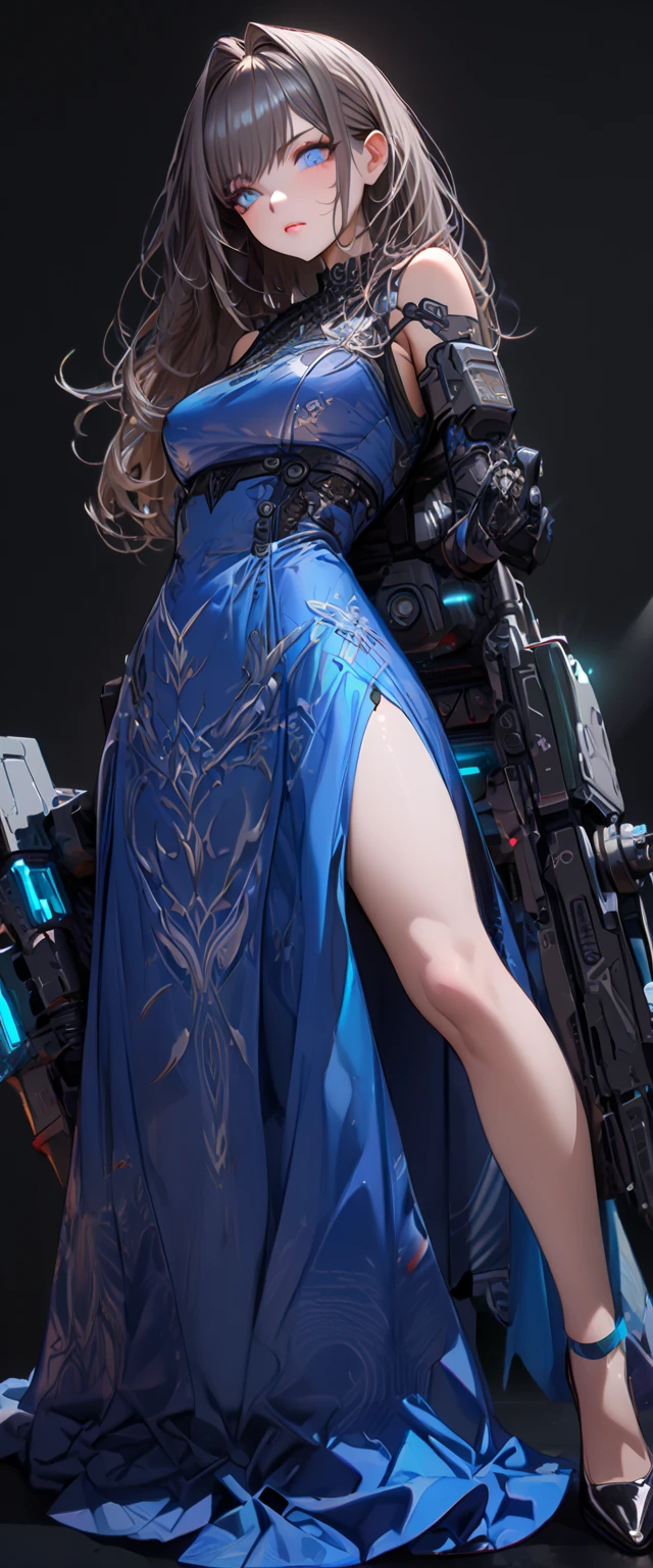 (cyber punk), (nikke), (top quality:1.2, masterpiece:1.4, EXQUISITE RENDERING:1.3), ((A girl carrying a weapon that looks like a feather on her back:1.2)), (Clear eyes,  glossy lips, pretty face), ((ARMS CONVERTED TO LASER CANNON:1.4)), (WITH LASER CANNON:1.4), ((Blue long dress:1.8)), (EXQUISITE PAINTED DRESS),   MECHANIZED ANIMATION MACHINE GUN FIRE,  A warring sniper girl, Soldier Girl,  FEMALE ACTION ANIMATION ANIMATION GIRL, Neon City,  POST APOCALYPSE ART,  androgynous,  mixed media,  blue legwear, Analog Horror, Nightmare Fuel,  seductively beautiful,  Beautiful and Evil,  ((Fighting Pose:1.5)), (full body photo:1.2)、((black background:1.6)),