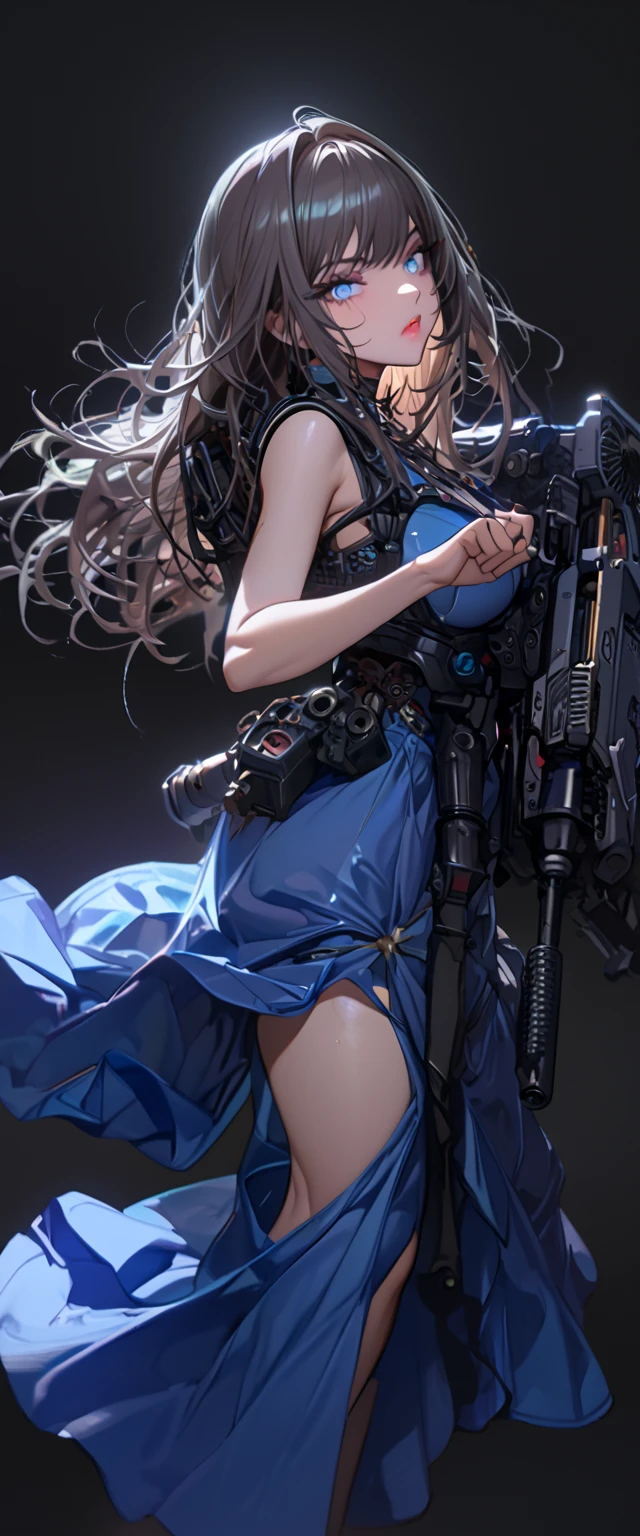 (cyber punk), (nikke), (top quality:1.2, masterpiece:1.4, EXQUISITE RENDERING:1.3), ((A girl carrying a weapon that looks like a feather on her back:1.2)), (Clear eyes,  glossy lips, pretty face), ((ARMS CONVERTED TO LASER CANNON:1.4)), (WITH LASER CANNON:1.4), ((Blue long dress:1.8)), (EXQUISITE PAINTED DRESS),   MECHANIZED ANIMATION MACHINE GUN FIRE,  A warring sniper girl, Soldier Girl,  FEMALE ACTION ANIMATION ANIMATION GIRL, Neon City,  POST APOCALYPSE ART,  androgynous,  mixed media,  blue legwear, Analog Horror, Nightmare Fuel,  seductively beautiful,  Beautiful and Evil,  ((Fighting Pose:1.5)), (full body photo:1.2)、((black background:1.6)),