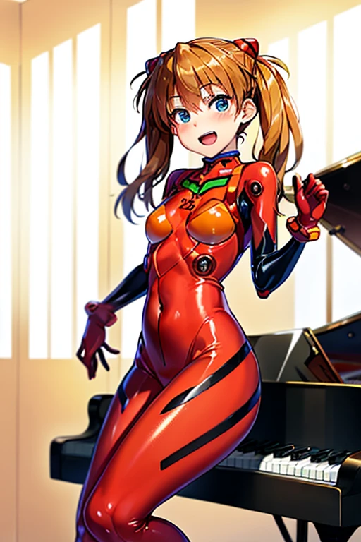 (( top quality)), ((masterpiece)), (be familiar with),  perfect face, indoor, bedroom,  watching viewers,
One woman,  Soryu Asuka Langley,
 open mouth,  ecstatic expression beside the piano, blush, smile,
 small tits,  flat chested, Young girl, Lori,  s,  girl,
 long hair,  Twin Tails ,
Leg spread,