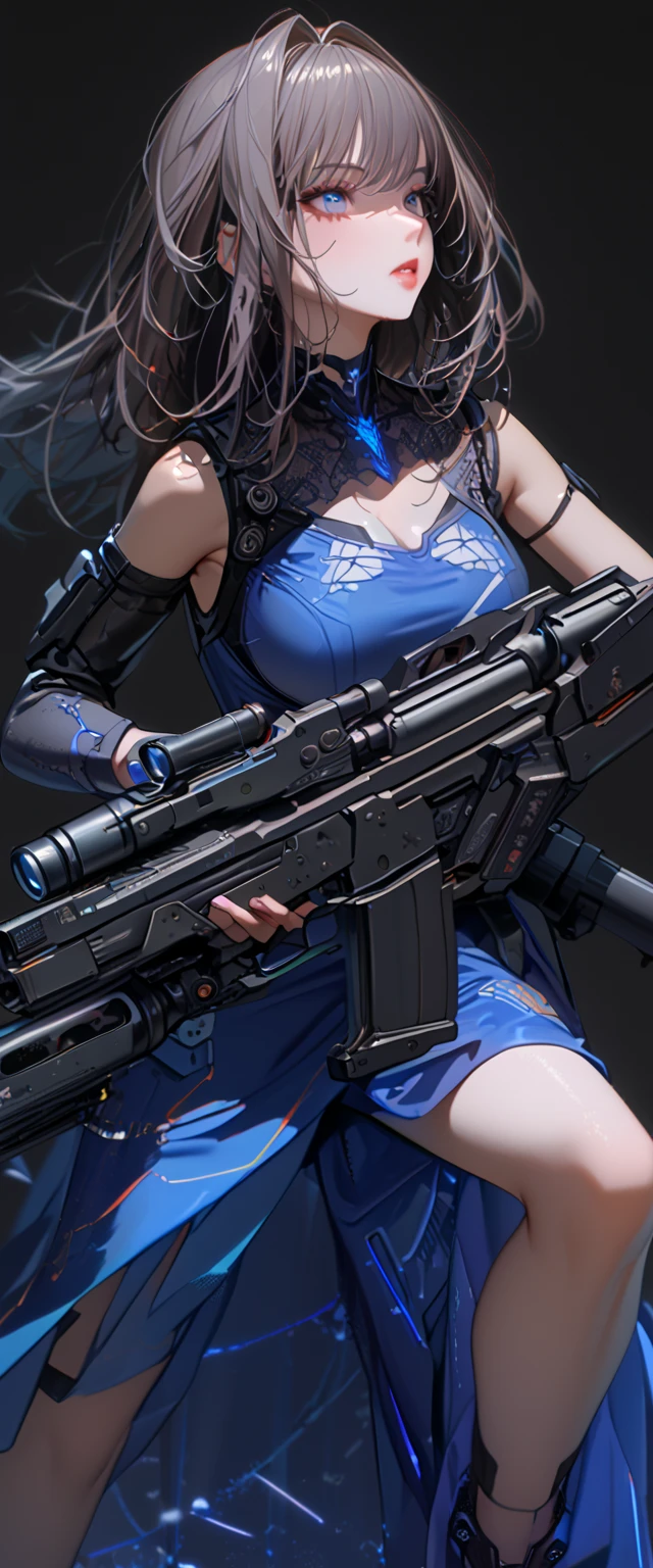 (cyber punk), (nikke), (top quality:1.2, masterpiece:1.4, EXQUISITE RENDERING:1.3), ((A girl carrying a weapon that looks like a feather on her back:1.2)), (Clear eyes,  glossy lips, pretty face), ((ARMS CONVERTED TO LASER CANNON:1.4)), (WITH LASER CANNON:1.4), ((Blue long dress:1.8)), (EXQUISITE PAINTED DRESS),   MECHANIZED ANIMATION MACHINE GUN FIRE,  A warring sniper girl, Soldier Girl,  FEMALE ACTION ANIMATION ANIMATION GIRL, Neon City,  POST APOCALYPSE ART,  androgynous,  mixed media,  blue legwear, Analog Horror, Nightmare Fuel,  seductively beautiful,  Beautiful and Evil,  ((Fighting Pose:1.5)), (full body photo:1.2)、((black background:1.6)),