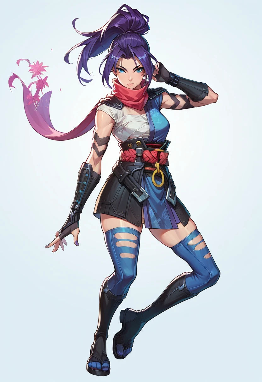 1girl, high ponytail, purple hair, blue eyes, ninja, sleeveless, scarf, asymmetrical clothes, japanese clothes, chest sarashi, obi, o-ring, gauntlets, fingerless gloves, thighhighs, toeless footwear, tabi, sexy, looking at viewer, score_9, score_8_up, score_7_up, score_6_up, score_5_up, score_4_up, BREAK source_anime, masterpiece