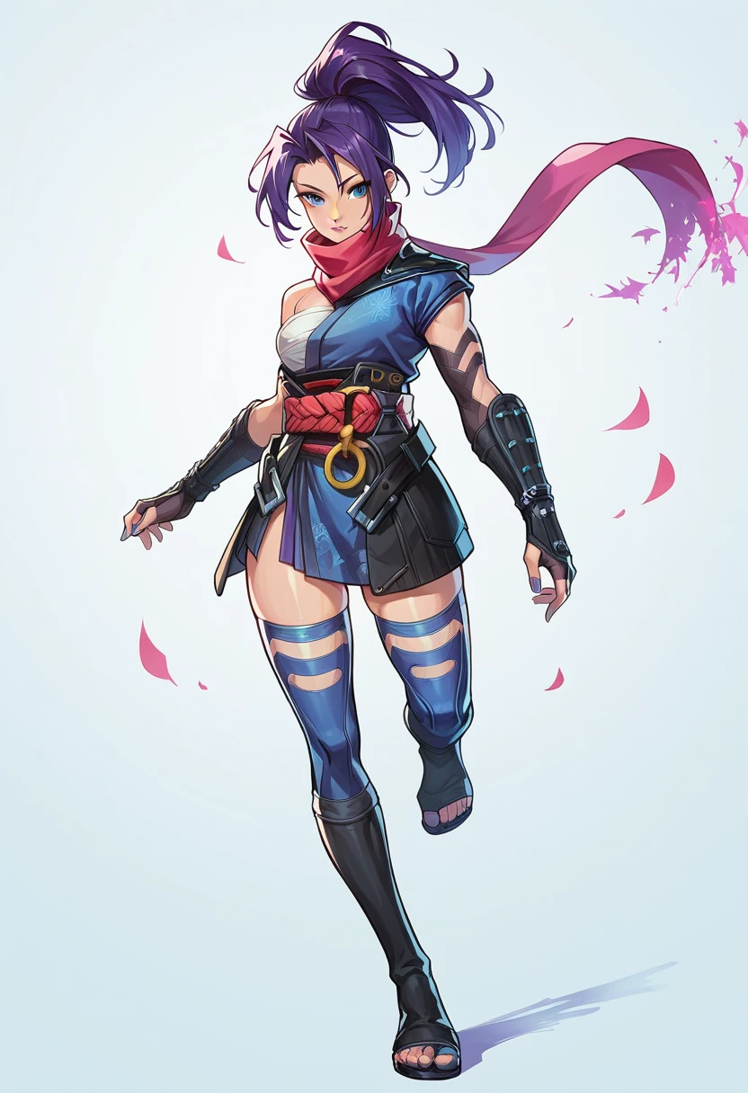 1girl, high ponytail, purple hair, blue eyes, ninja, sleeveless, scarf, asymmetrical clothes, japanese clothes, chest sarashi, obi, o-ring, gauntlets, fingerless gloves, thighhighs, toeless footwear, tabi, sexy, looking at viewer, score_9, score_8_up, score_7_up, score_6_up, score_5_up, score_4_up, BREAK source_anime, masterpiece