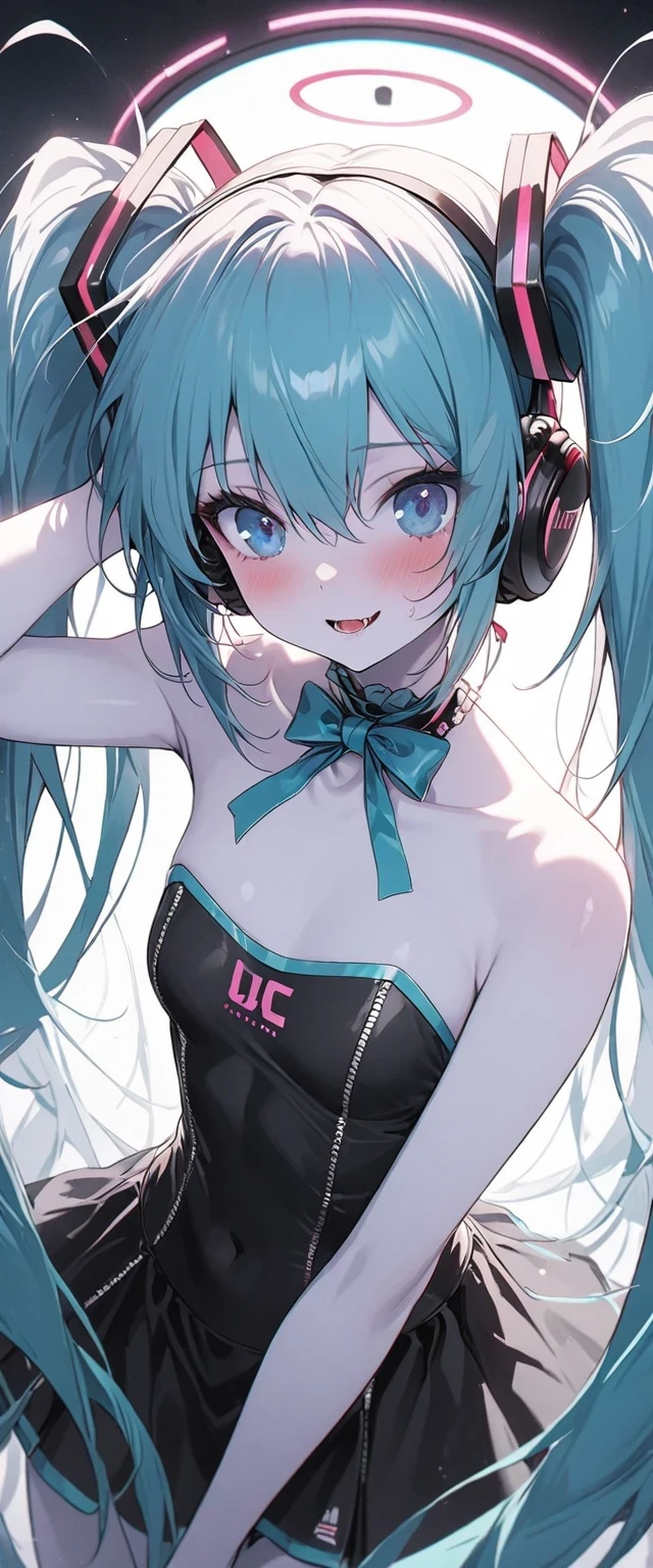 Perfect drape configuration  ,  proper placement , Golden Ratio,  breathtaking beauty ,  Beautiful Japanese Woman ,  supermodel that faithfully reproduces Hatsune Miku costume,  she has a retro microphone :1.331,  Hatsune Miku costume costume :1.331, Big headphones:1.331,  anatomically correct ratio  :1.331, Small Head :1.331,  slender body:1.331,  thin waist:1.331, Thin limbs:1.331, (((Miku Hatsune))),   flat chested:1.331, Blue eyes that seem to be sucked in :1.331,  blue hair,  twin tail hair  :1.331,  detailed face ,,  white skin:1.21,  fine skin, At a cyberpunk music studio ,  dynamic cinematic lighting ,