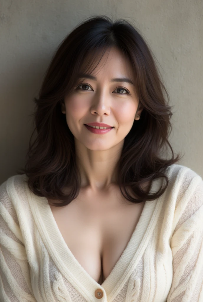 Depth of the boundary, sharp, (Gray background), (Front view:1.2),(japanese milf, 45 year old women are sexy), Detailed face, Beautiful Eyes, bangs, Shapely large breasts, Wavy hair with highlights,Off the shoulder、Cleavage、 Faint lips, (Catch Eye:1.3),((Stand in front、Looking at the audience, Serious face eyes,)), sweater, Theta, Full body photo, elated face、A slightly vacant gaze