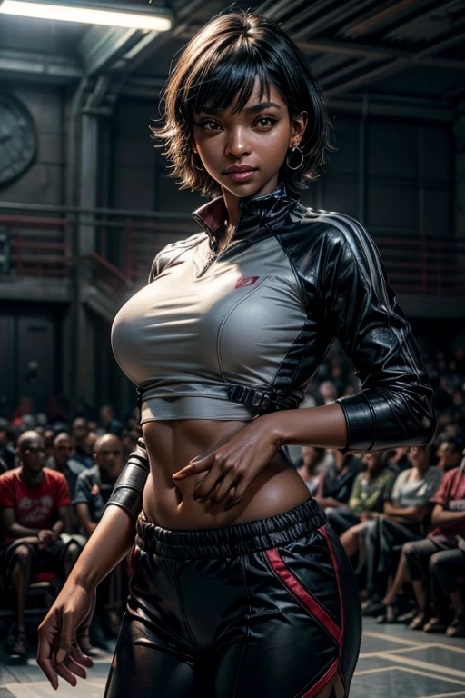 18 years old Indian topless mma fighter, voluptuous body, slim waist, black shorts, topless, mma arena, bright light, short hair, baby face