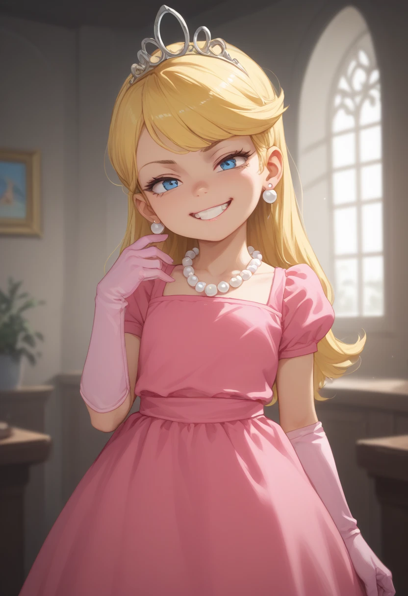 source_cartoon, score_9, score_8_up, score_7_up, lola loud, 1girl, solo, standing, head tilt, grin, seductive expression, looking at viewer, blonde hair, tiara, blue eyes, earrings, pearl necklace, pink dress, pink gloves, indoors, by jcm2