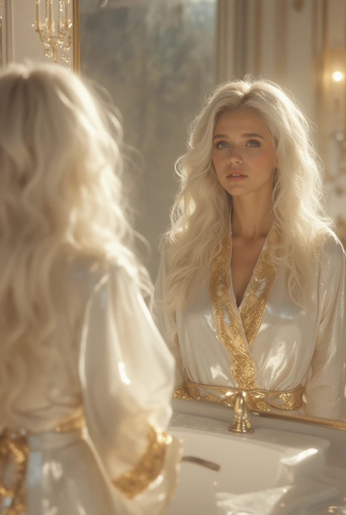  A 19-year-old European and Russian woman ,  with pure white hair like the snow that falls in waves, laegi ,  heavenly eyes ,  Pale and luminous skin . She wears a long shiny white silk robe with golden details and half open she is in a luxurious bathroom in front of her looking in front of a large mirror that has in front of her the sunlight shining on her she looks beautiful . 