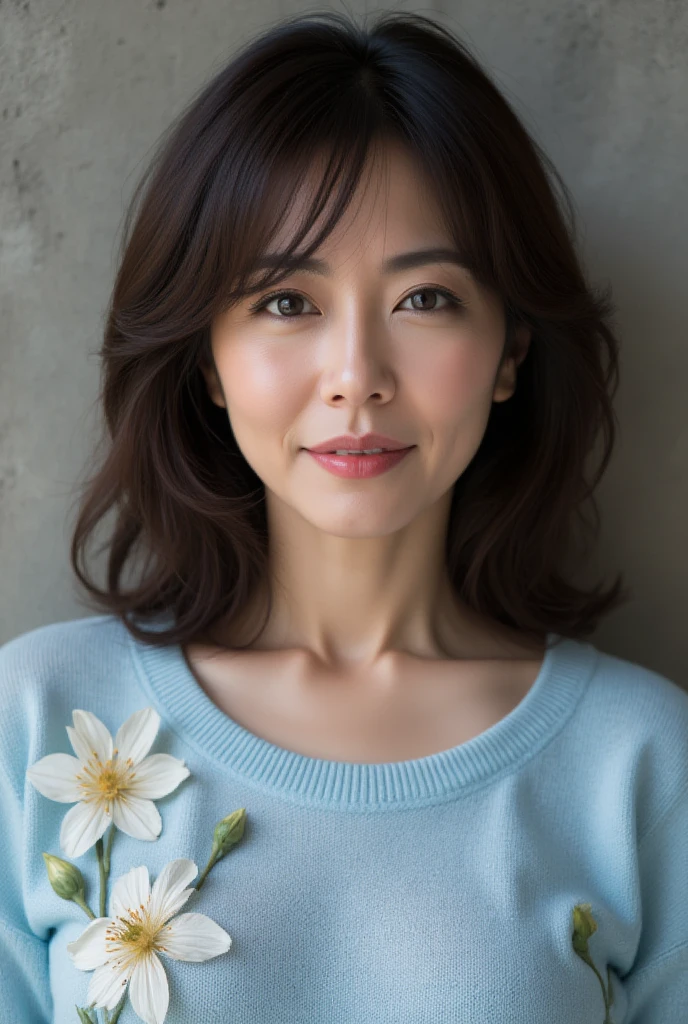 Mature Woman, ( detailed description of hair ), (Detailed description of the face), (Detailed description of the body), high definition , masterpiece,  top quality,  High Details, formal: 1.4), ( realistic : 1.2, 超 realistic な: 1.1,  realistic: 1.37), ( Sharp Focus : 1.4),  is written by,  physically-based rendering,  wavy hair , ,  unrivaled beauty , (Ultimate beauty), (lipstick:1.1), ( eyeliner :1.2), ( mascara), ( Eye Shadow ), (48 years old,: 1.4), Japanese、 closeup 、 fine lines of laughter :1.2、seductive smile,(Powder Blue x Botanical Embroidered Sweater)、( Concrete wall background )