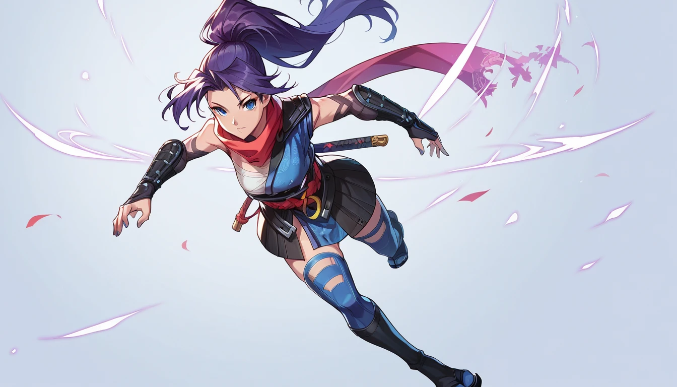 1girl, high ponytail, purple hair, blue eyes, ninja, sleeveless, scarf, asymmetrical clothes, japanese clothes, chest sarashi, obi, o-ring, gauntlets, fingerless gloves, thighhighs, toeless footwear, tabi, sexy, looking at viewer, Japan background score_9, score_8_up, score_7_up, score_6_up, score_5_up, score_4_up, BREAK source_anime, masterpiece