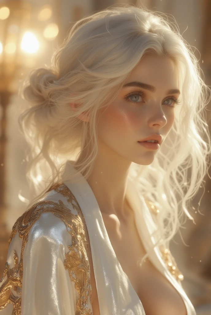  A 19-year-old European and Russian woman ,  with pure white hair like the snow that falls in waves, laegi ,  heavenly eyes ,  Pale and luminous skin . She wears a long shiny white silk robe with golden details and half open she is in a luxurious bathroom in front of her looking in front of a large mirror that has in front of her the sunlight shining on her she looks beautiful . 