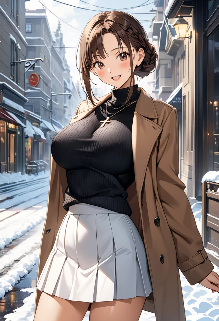 masterpiece, Best Quality, High resolution,16k,official art,super detailed skin,detailed,animated painting, Takarada Rikka ,1990s \(style\),(F cup big beautiful breasts)、clevage,25years old, (tall:1.2),height: 175cm,Sexy long legs,Fashion model body type,Medium Hair,forehead,Brown Hair,french braid,(simple coat,long-sleave knit,mini-skirt:1.3),white mini skirt,cross necklace,(tanned skin:1.3),Muscular、1girl,big laugh,Shy、Shyness,blush,Anime-style painting style,Close-up of the upper body,Cinematic lighting,superfine,magnificent view、in the city,morning,winter,snow,(sexy),closeup