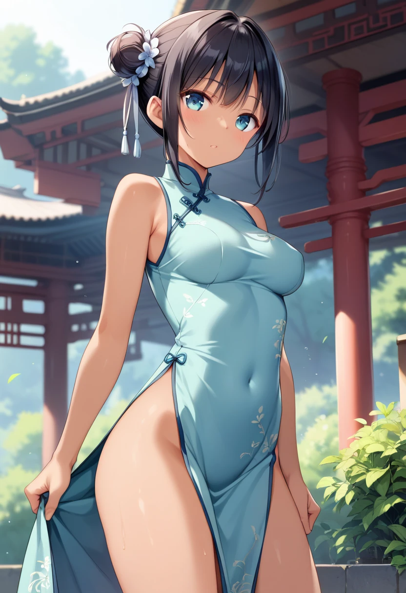 best quality,masterpiece,1girl,solo,(((NSFW))),(((9years old))),japanese girl,an extremely cute and beautiful girl,highly detailed beautiful face and eyes,petit,cute face,lovely face,baby face,shy smile,show teeth,black hair,hair bun style hair,Hairless pussy,flat chest,skinny,slender,(((wearing a wet transparent white mini cheongsam dress))),(((standing in a Chinese temple))),she is looking at the viewer,hands lift up dress,(upskirt above the waist:1.1),(no panties:1.1),(legs spread wide:1.1),(no bra:1.1)