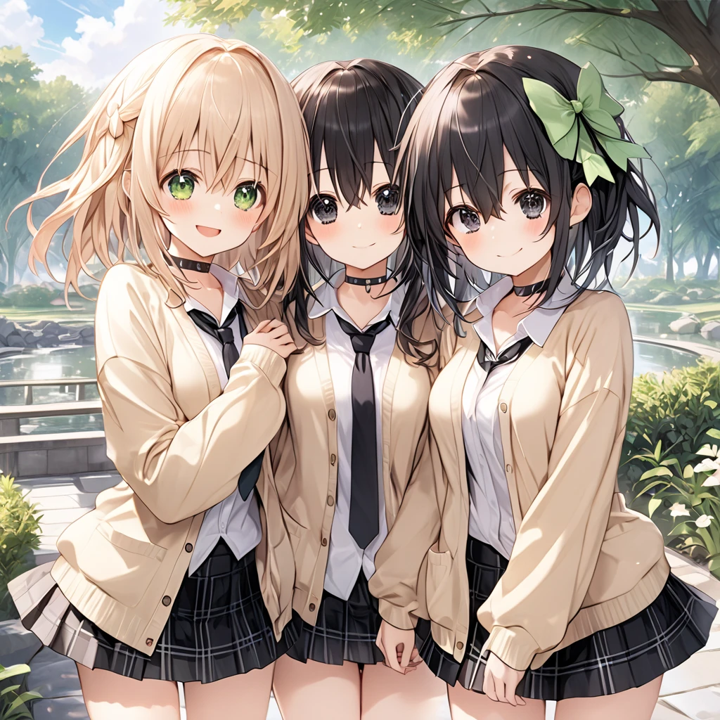 ( 2 girls),Park Walkway、In front of the pond:1.5、front、 Cowboy Shot 、break,Green \(Neptunia )\, black hair, long hair, black eyes, green bow, ribbon, one side up,choker,smile、blush, (long sidelocks:1.5), ( small tits:1.5),(closed beige cardigan:1.5)、(Regular black tie :1.5)、( black plaid mini skirt:1.5),(Thighs:1.5),break,Green \(Neptunia )\ ,black hair, black eyes, embarrassed face、blush、short hair, (long sidelocks:1.5), ( small tits:1.5),(closed beige cardigan:1.5)、(Regular black tie :1.5)、( black plaid mini skirt:1.5),(Thighs:1.5),( perfect anatomy ),( best quality), ( ultra hi-res), (超 high definition ), ( Highly Detailed CG), (32K), (masterpiece)、eyesHD