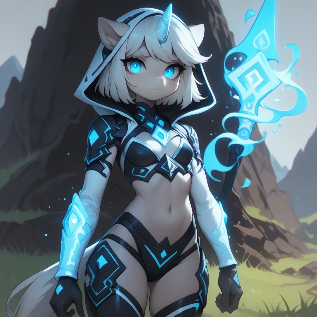 score_9, score_8_up, score_7_up, score_6_up, score_5_up, female, solo, anthro, pony, unicorn, small breasts, light gray fur, light gray body, solid white short scruffy hair, white hair, short white ponytail, blue gemstone cutie mark, blue abyssal eyes, freckles, sapphire blue bandana, standing teasing, coy, huffing, in heat, BREAK, outdoors, field of swords, mountains, trees, silver battlemage armor, runic magic blade, runic magic cube, full cleavage, fullbody, wide angle, legs spread