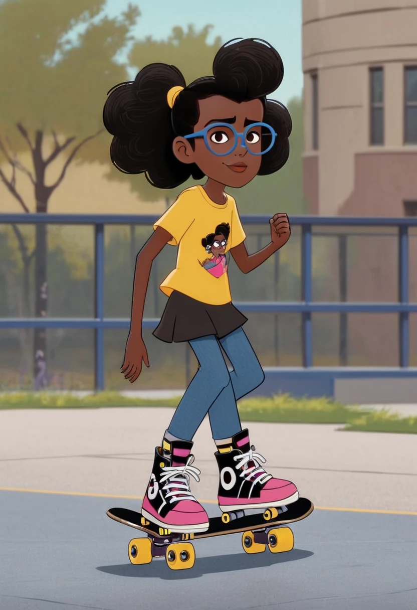 lunella, black hair, black eyes, dark skin, glasses, skates, 1girl, solo , full body, Walking, Taking, Crazy Talk , Yellow Twirl Eyes, Goofy Eyes, ((School)), 4k