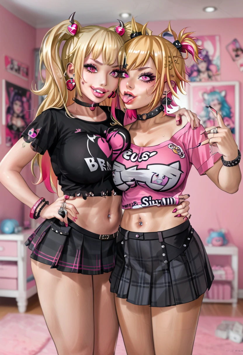 Princess peach bratty findom dominatrix making you to give she your money, for licking her feet only by touching her earrings, foot worshipped, big lips, blonde hair, pink eyes, japanese face, gyaru, two side up, huge breasts, wide hips, sexy, pink theme, kawaii, detailed, pink room, decora, bangs, evil grin, gyaru outfit, kawaii, pleated skirt, punk, goth, pink and black outfit, plaid skirt, punk shirt, choker