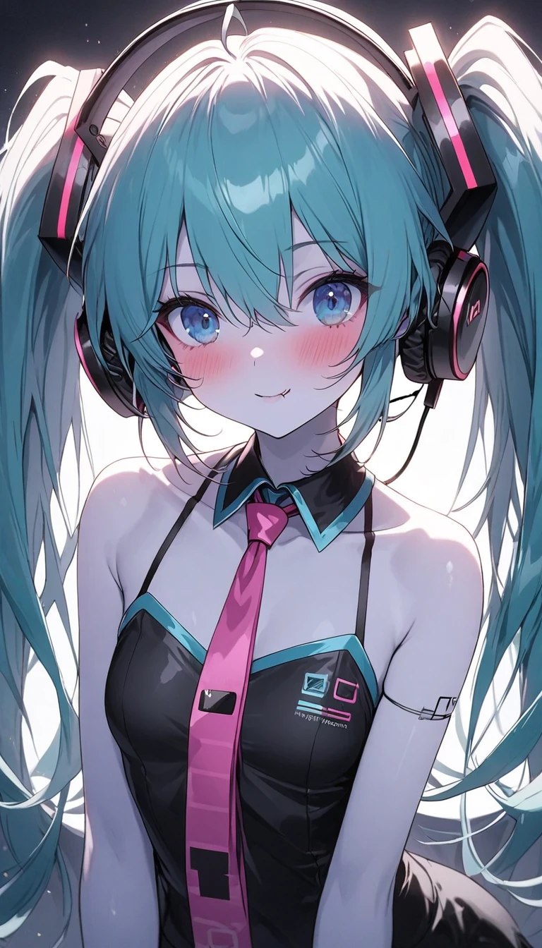 Perfect drape configuration  ,  proper placement , Golden Ratio,  breathtaking beauty ,  Beautiful Japanese Woman ,  supermodel that faithfully reproduces Hatsune Miku costume,  she has a retro microphone :1.331,  Hatsune Miku costume costume :1.331, Big headphones:1.331,  anatomically correct ratio  :1.331, Small Head :1.331,  slender body:1.331,  thin waist:1.331, Thin limbs:1.331, (((Miku Hatsune))),   flat chested:1.331, Blue eyes that seem to be sucked in :1.331,  blue hair,  twin tail hair  :1.331,  with bright eyebrows on rails  :1.331,  detailed face ,,  white skin:1.21,  fine skin, At a cyberpunk music studio ,  dynamic cinematic lighting ,