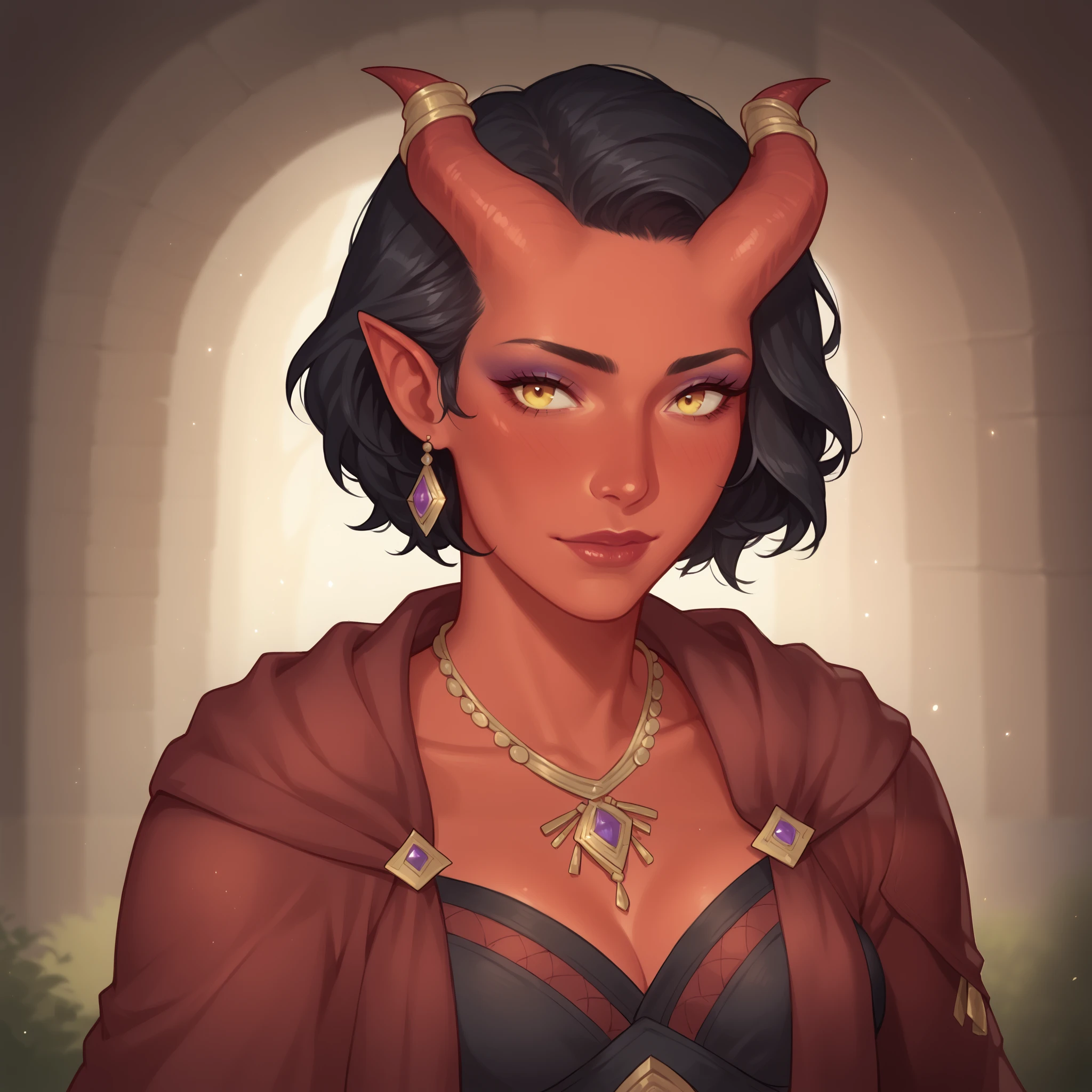 (((beautiful, high quality, comics style, detailed face))), score_9, score_8_up, score_7_up, BREAK, 1beautiful female gypsy, Tiefling, pointed ears, horns, red skin, makeup, black hair, short hair, medium breast, ((jewelry)), wearing intricate clothes, shawl, hood. taro card in hand, docile, female focus, solo:1.4, portrait, upper body, portrait, looking at the viewer, forest background, fantasy, blurred background, Expressiveh, detailxl