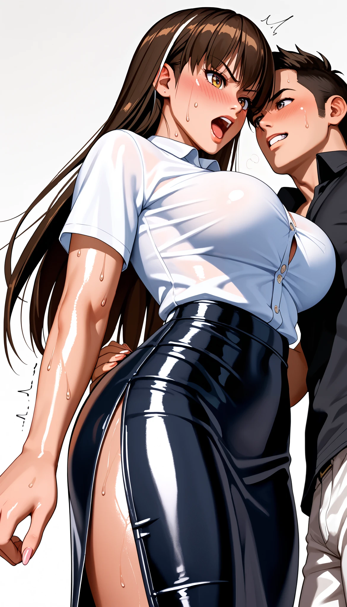 DOALeiFang, LeiFangDOA, gasp, {{{1 girl and 1 male}}}, {{{{ Man holding girl's thighs }}}}, shiny black leather tight long skirt with side slit, shiny white business shirt, arm-behind-back, {{ and bend your body backwards }}, OL, be breathless, sweat, sparkling sweat, trembling, long brown straight hair, breasts, [[angry]], blush, {anguish}, {{shameful}}, from side, from below,